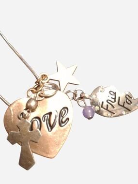 Gold-Tone 'Love' Heart & Cross Charm Necklace with Purple Bead